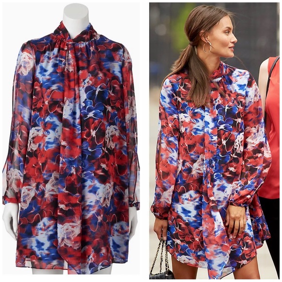 Jennifer Lopez Dresses & Skirts - Jennifer Lopez Blue & Red Floral Tie-Neck Shift Dress | Size 4
